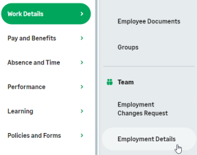 Screenshot: Selecting the Employment Details process from the Team section in the WX menu