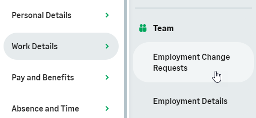 Screenshot: Selecting Employee Change Requests from the Team section of the menu