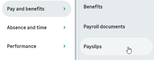 Screenshot: select the Payslips process from the WX menu