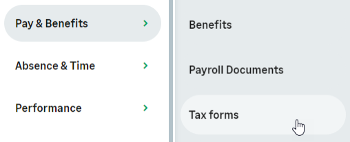 Screenshot: selecting tax forms from the WX menu