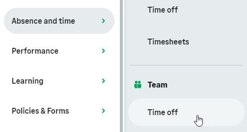 Screenshot: select the time off process for your team