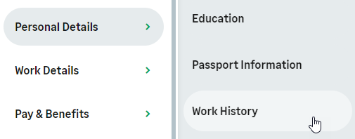 Screenshot: Selecting the Work History process from WX menu