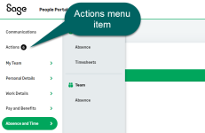 Annotated screenshot: actions menu item and notification icons in the navigation menu