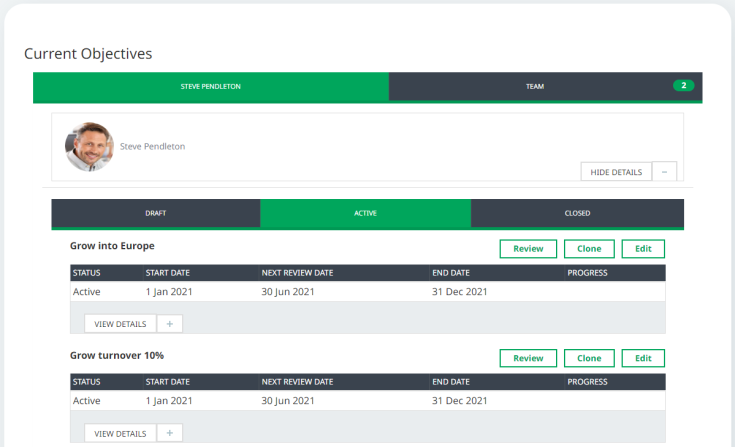Screenshot: Objectives Team Detail view