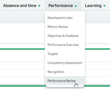 Screenshot: select Performance Review from the team member's profile