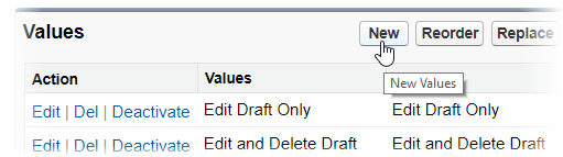 Screenshot of the Values section, with the cursor on the New button