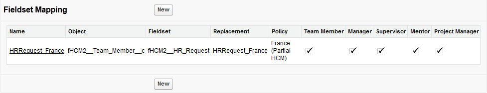 Screenshot: Fieldset Mapping section on the HCM package Configure page showing one mapped Field Set