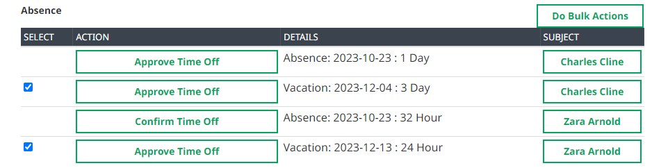 Screenshot: Selecting checkboxes for absence requests to approve them together