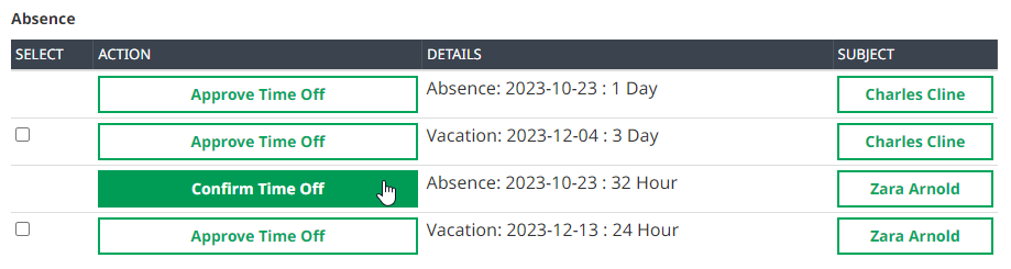 Screenshot: Selecting Confirm Time Off action