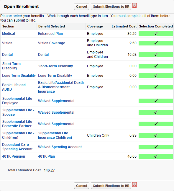 Screenshot: Completed benefit selections before submitting