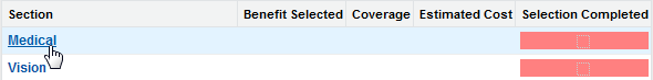 Screenshot: Selecting a benefit type from the Section column