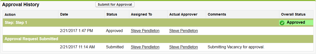 Screenshot: Vacancy approval history in Talent Acquisition