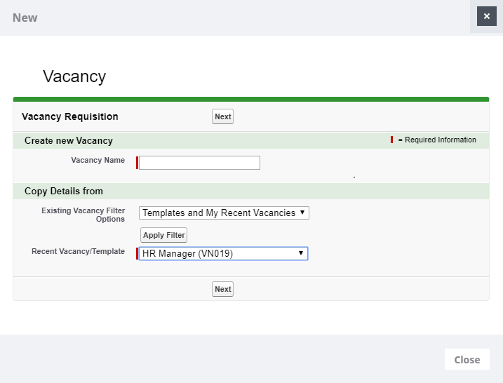 Screenshot: Vacancy Requisition screen