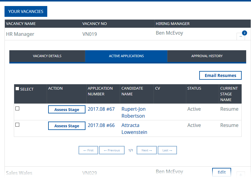 Screenshot: Vacancy details page displaying the Active applications tab