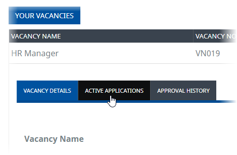 Screenshot: Selecting the Active Applications tab for a Vacancy