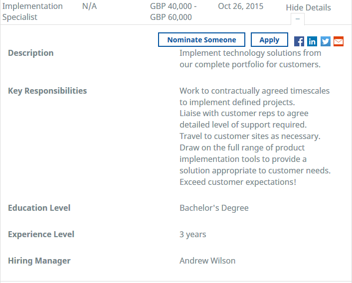 Screenshot: Details for an internal vacancy