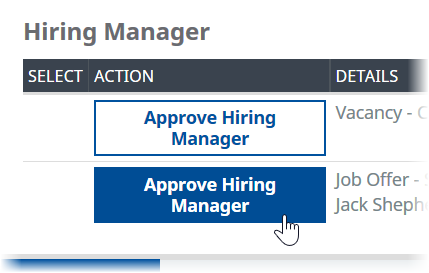 Screenshot: Selecting the Approve Hiring Manager button for a job offer from the WX actions page