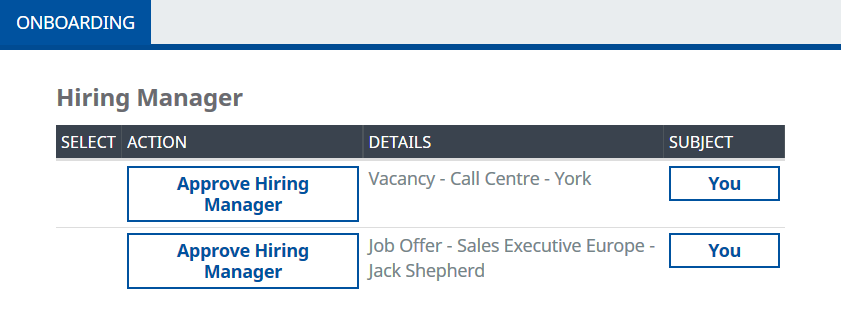 Screenshot: An action to Approve a job offer on the WX actions page