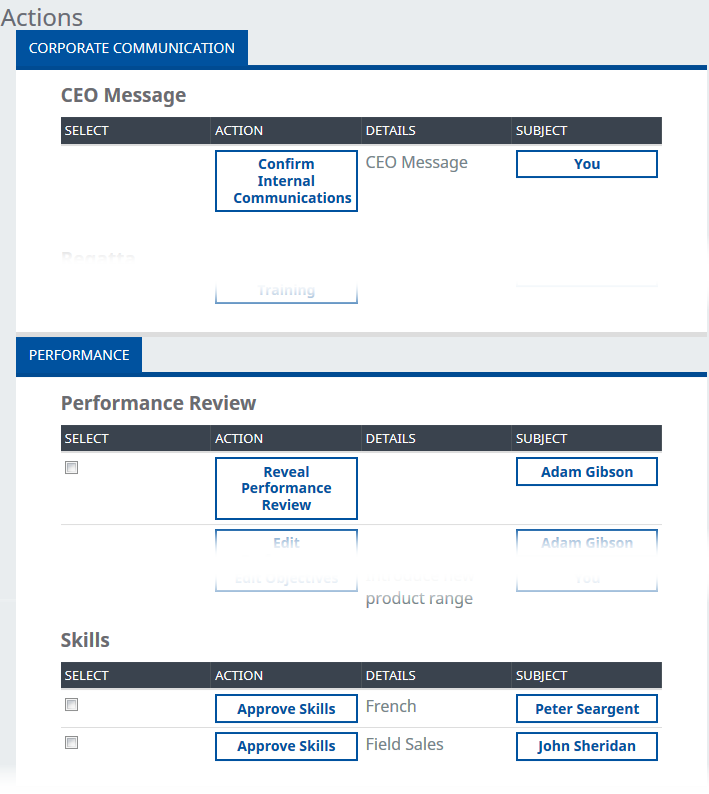 Screenshot: A section of the Actions page showing actions for three WX processes