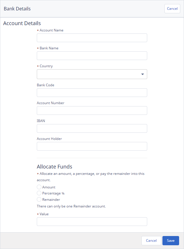 Screenshot: Blank bank account details page