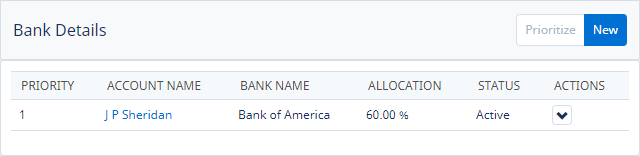 Screenshot: Bank Details page showing one bank account