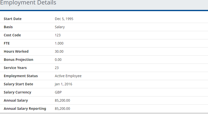 Screenshot: Viewing a Team Member's employment details