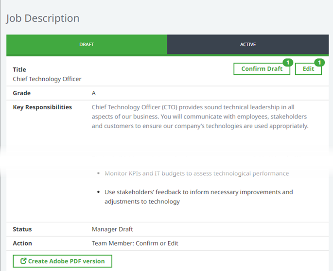 Screenshot: Job Description process on the Draft tab, showing a draft Job Description for the Team Member to edit or confirm