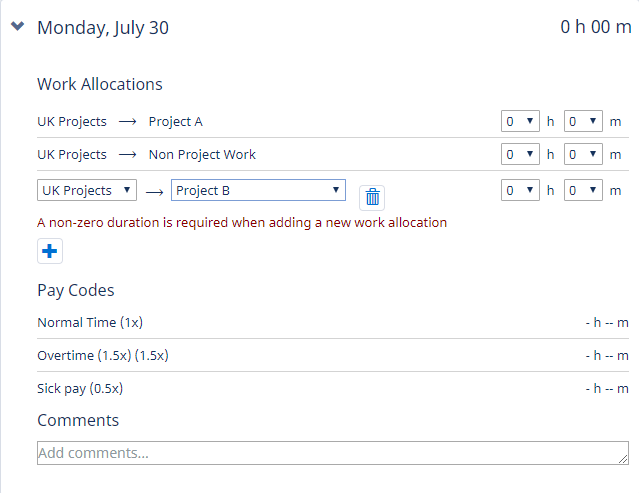 Screenshot: Adding a new work allocation to a timesheet