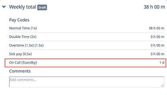 Screenshot: An additional pay code with the "On Call" prefix in the summary section of a timesheet