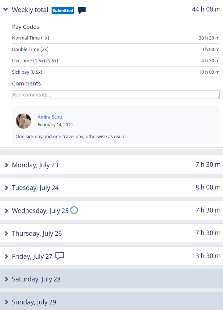 Screenshot: A timesheet ready for manager approval