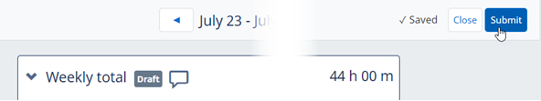 Screenshot: Selecting the Submit button for a completed draft timesheet