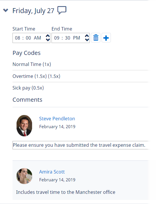 Screenshot: Manager entering a comment to a timesheet