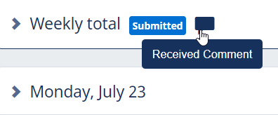 Screenshot: Received comment icon next to a timesheet