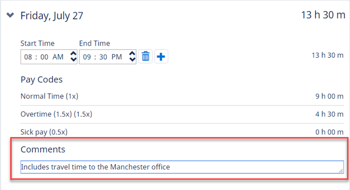 Screenshot: A day's timesheet with the Comments field highlighted